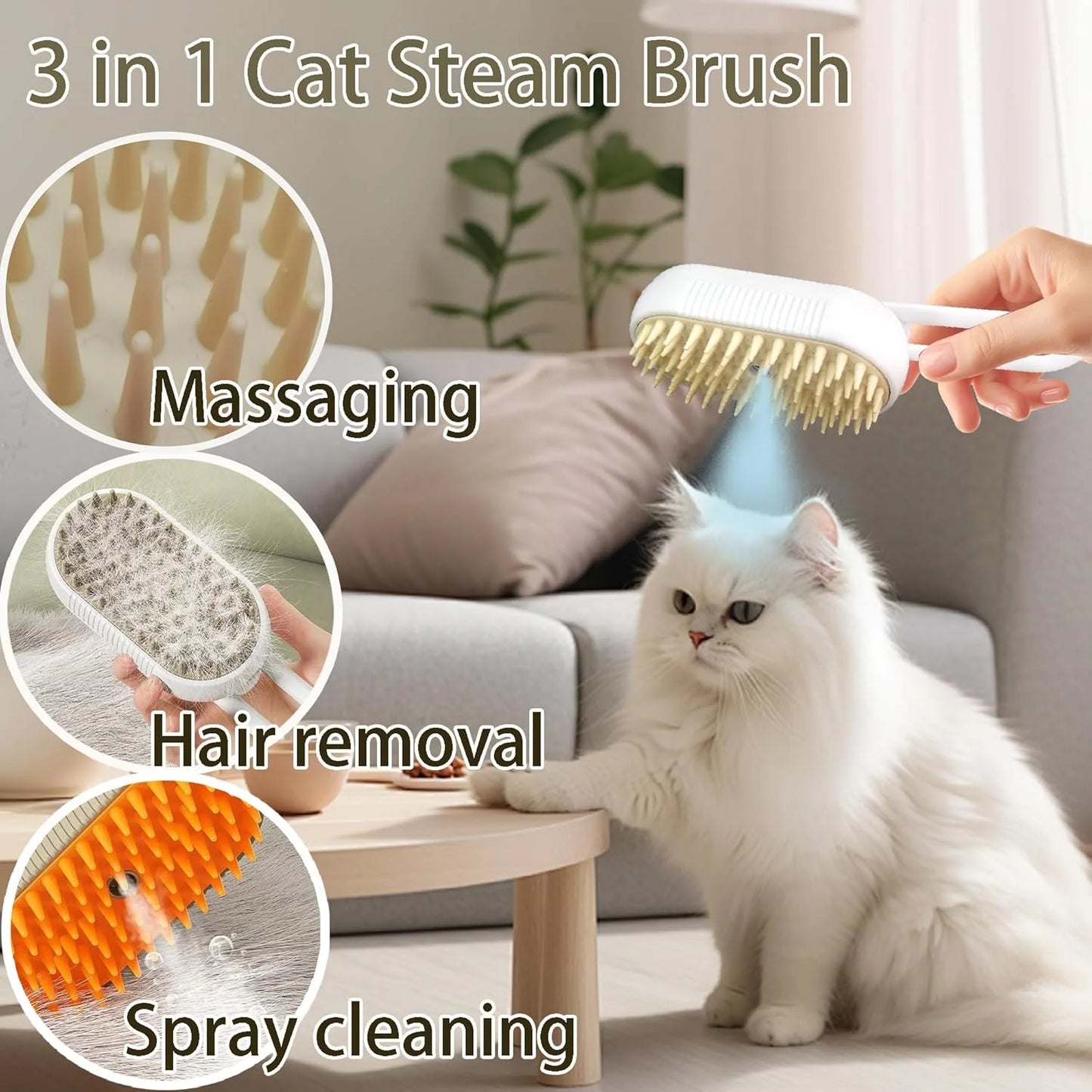 Cat Steam Brush for Shedding with Foldable Handle for Short/Long Haired Pets Spritz Defur Comb for Cats Pet Spray Hair Removal Comb Grooming Tool for Hair Removal & Massage