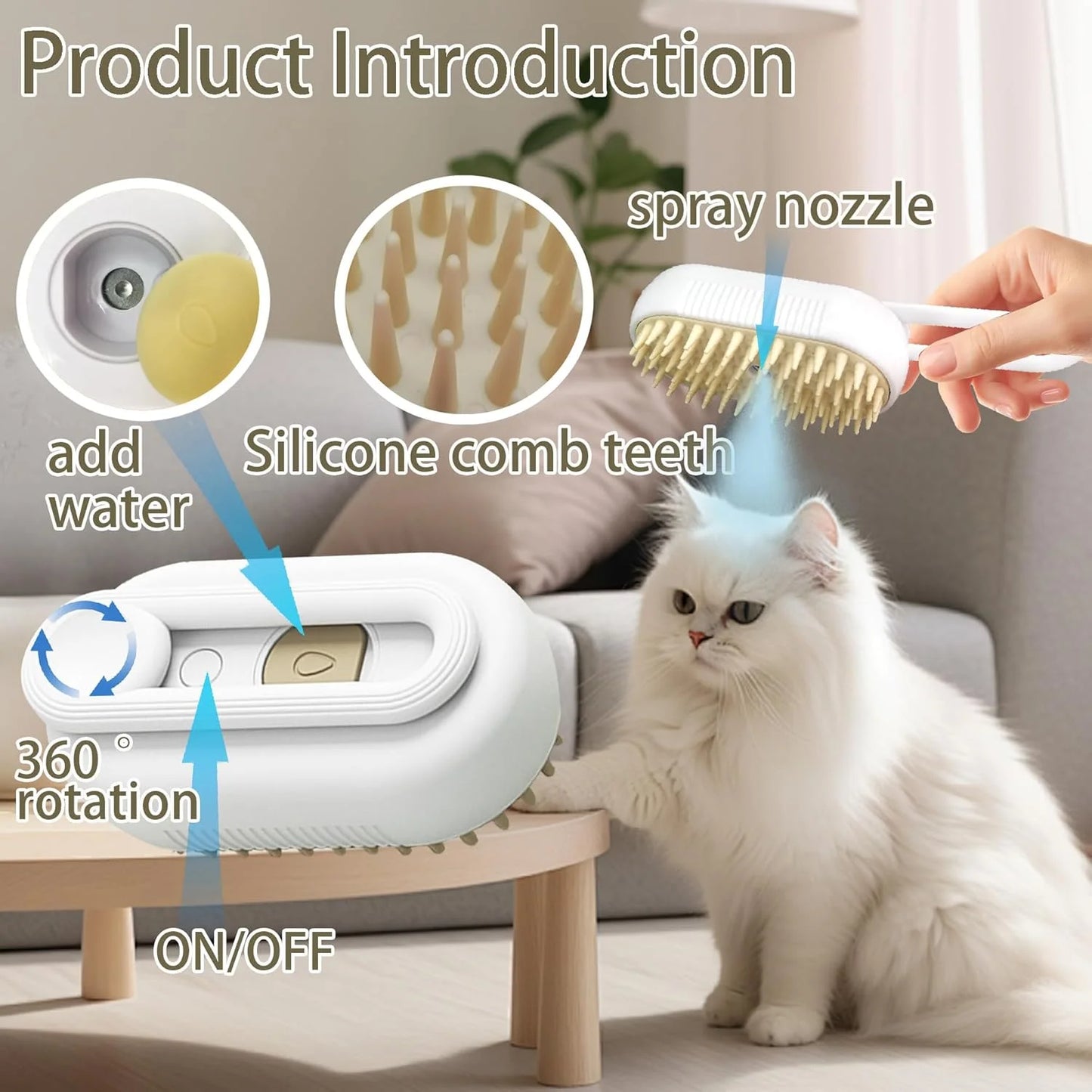 Cat Steam Brush for Shedding with Foldable Handle for Short/Long Haired Pets Spritz Defur Comb for Cats Pet Spray Hair Removal Comb Grooming Tool for Hair Removal & Massage